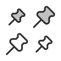 Pixel-perfect linear icon of a drawing pin in built on two base grids of 32 x 32 and 24 x 24 pixels. The initial base line weight is 2 pixels. In two-color and one-color versions. Editable strokes