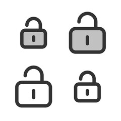 Pixel-perfect linear  icon of a unlocked padlock built on two base grids of 32x32 and 24x24 pixels. The initial base line weight is 2 pixels. In two-color and one-color versions. Editable strokes