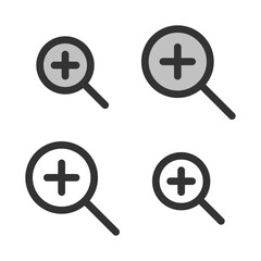 Pixel-perfect line icon of increase magnifying glass  built on two base grids of 32x32 and 24x24 pixels. The initial base line weight is 2 pixels. In two-color and one-color versions. Editable strokes