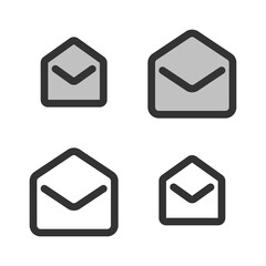 Pixel-perfect linear  icon of open envelope  built on two base grids of 32 x 32 and 24 x 24 pixels. The initial base line weight is 2 pixels. In two-color and one-color versions. Editable strokes