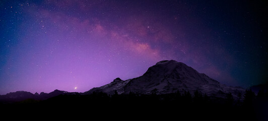 Landscape with Milky Way. Night sky with stars on the mountain
