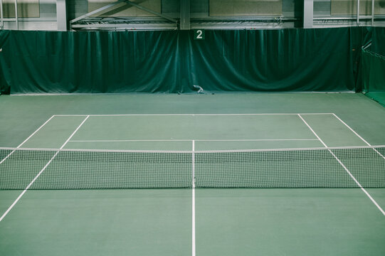 Empty Green Tennis Court. Nobody. Top View.