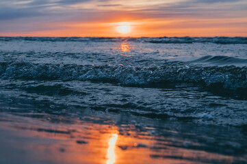 Fototapeta premium Scenic landscape. Sunset over Baltic sea. Beautiful nature in Jurmala, Latvia. Nobody.