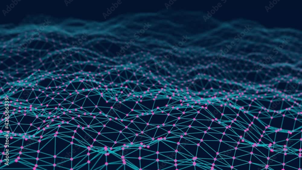 Aufkleber Data technology illustration. Abstract wave with connecting dots and lines. Digital background. 3d rendering. Seamless loop. 4k