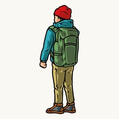Young traveler with green backpack