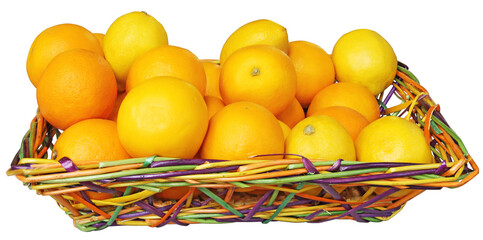 A bunch of orange and lemon in wooden wicker basket