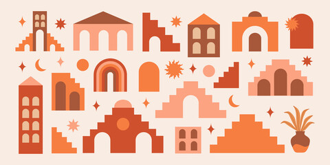 Modern abstract aesthetic set geometric architecture elements in boho style. Mid century vector design for cover, wallpaper, card, social media, interior. Horizontal banner © Elena