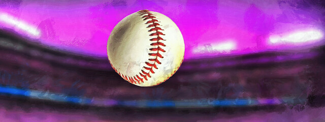 Baseball ball in the air. Panoramic view. Artistic work on the topic of sports and recreation