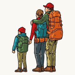 Family hiking vintage colorful concept