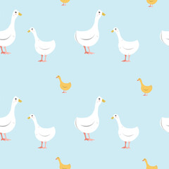 seamless pattern of geese and goslings on a blue background. Minimalistic print for printing on fabric, paper, background screensavers. Lovely birds. Vector illustration, cartoon style..