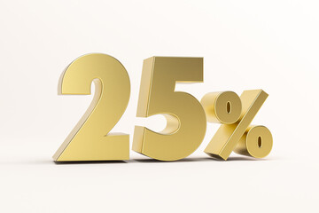 3D illustration twenty five percent golden isolated on white background. 3D rendering for advertising. 25% off on sale.