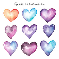 Colorful watercolor hearts set