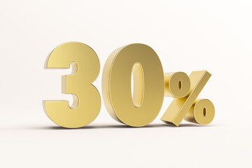 3D illustration thirty percent golden isolated on white background. 3D rendering for advertising.  30% off on sale.