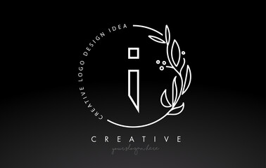 I Letter Logo with Floral Monogram Line Design and Circular Shape. Elegant Leaf Botanical Design.