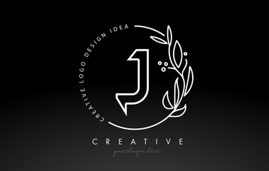 J Letter Logo with Floral Monogram Line Design and Circular Shape. Elegant Leaf Botanical Design.