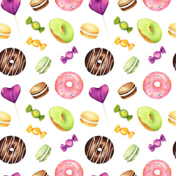 Seamless pattern with watercolor donuts, macaroons and candies isolated on white background.