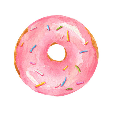 Watercolor pink donut with colorful sprinkles isolated on white background.