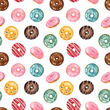 Seamless pattern with watercolor multicolored donuts isolated on white background.
