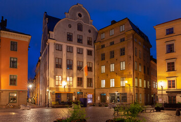 Stockholm. Old narrow medieval street in night lighting.