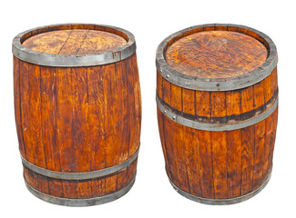 Fototapeta premium Wooden barrel isolated on a white background. Surface of oak barrel close up. Mockup for design.