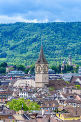 Fototapeta na wymiar View of historic Zurich city center on a cloudy day in summer, Canton of Zurich, Switzerland.
