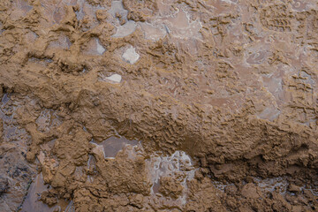 the wet ground after the rain with traces of shoes