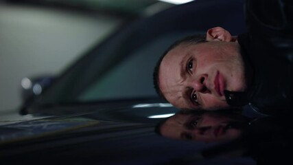 Police officer putting criminal face on car trunk. Sad man arrested by cop