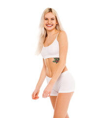 Obraz premium Young beautiful blonde woman in white sports underwear
