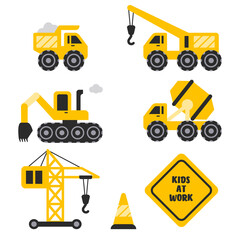 Kids Construction Cars and Trucks. Building Crane and Bulldozer. Isolated Vector Clipart