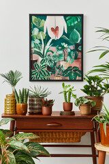 Domestic interior of living room with vintage retro shelf, a lot of house plants, cacti, wooden...