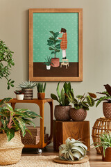 Stylish botany composition of home garden interior with wooden mock up poster frame, filled a lot of beautiful house plants, cacti, succulents in different design pots and floral accessories. Template