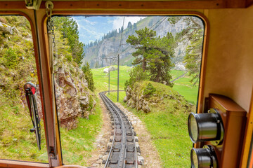 Cog train and railway on Pilatus Mountain. Switzerland.