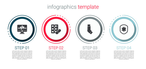 Set Monitor with cardiogram, Pills in blister pack, Inhaler and Medical shield cross. Business infographic template. Vector