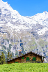 Fototapeta na wymiar Beautiful Swiss mountain valley landscape with a single house.
