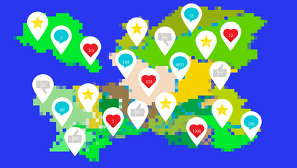 Obraz na płótnie Canvas SNSアイコンでマークされたマーケティング用RPG風ドット絵のカスタマージャーニーマップ Customer Journey Map for Gen X Marketing 