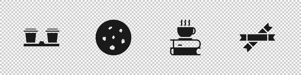 Fototapeta na wymiar Set Coffee cup to go, Cookie or biscuit, and book and Sugar stick packets icon. Vector