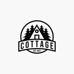 Cottage line art minimalist badge logo vector illustration design. cottage with pine tree icon logo design