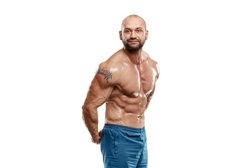 Fototapeta na wymiar Male bodybuilder isolated on white background. Fitness workout concept, muscle groups, watch your body.