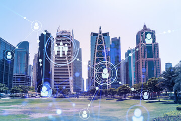 Panoramic view skyscrapers. Modern cityscape of the capital of the Emirate of Dubai. Recruitment...