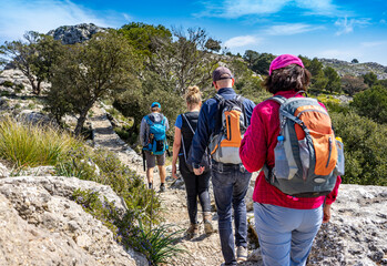 Schönes Mallorca: Wanderung einer Gruppe im Naturpark über Valldemossa auf dem historischen Reitweg des Erzherzogs Salvator auf den Caragoli - obrazy, fototapety, plakaty
