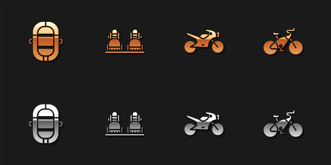 Set Rafting boat, Snowboard, Motorcycle and Bicycle icon. Vector