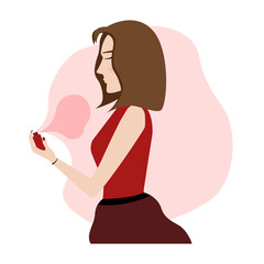 A woman using perfume on her skin, a bottle of perfume and a fragrance in pink tones. Vector illustration for presentation design, posters, booklets, flyers