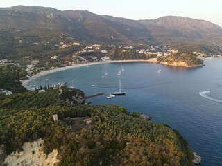 Parga Greece preveza valtos beach aerial view of the tropical and exotic historical parga town castle and island of panagia in epirus famous tourist attraction destination