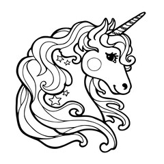Cute Cartoon unicorn outlined black and white illustration. Black and white, linear, image of coloring books, prints, posters, stickers