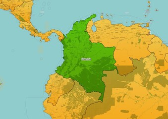 Colombia map showing country highlighted in green color with rest of South America countries in brown