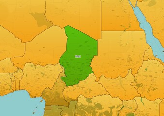Chad map showing country highlighted in green color with rest of African countries in brown