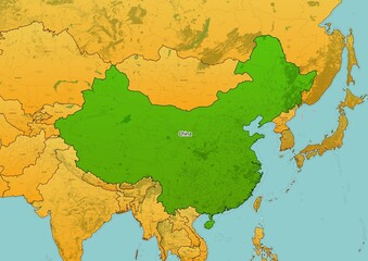 China map showing country highlighted in green color with rest of Asian countries in brown