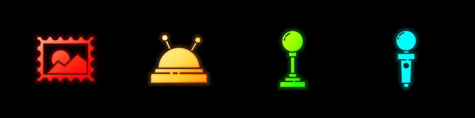 Set Postal stamp, Needle bed and needles, Joystick for arcade machine and icon. Vector