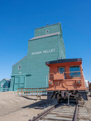 Grain elevator and caboose in Acadia Valley, Alberta, Canada