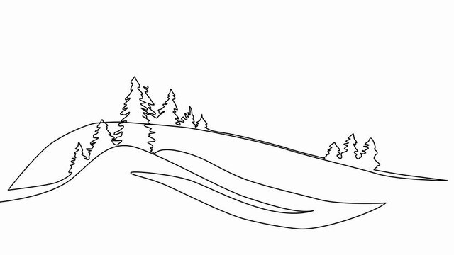 Self drawing animation of mountain landscape, lake and trees. Copy space. White background.